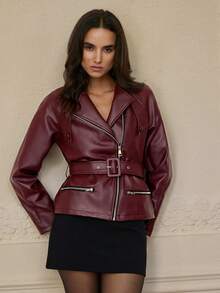 Aveloria Rosie Herbst/Winter Burgunderrot Ankara Rot Genarbtes Leder Reißverschluss Kragen Design Multi-Taschen Tailliert Gürtel Verstellbarer Gürtel Elegante Damen Jacke - Bordeaux - Übersicht 5