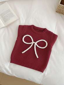 SHEIN Vintaside Kids Áo len chui đầu thắt nơ thời trang, đa năng, dễ thương cho bé gái, áo len dễ thương cho trẻ em, áo len thắt nơ cho bé gái, quần áo mùa thu và mùa đông, áo len cho bé gái, áo len mùa thu/đông cho bé gái, quần áo mùa thu đông cho trẻ em, áo len trẻ em, áo len cho bé gái, áo len cho trẻ em. - Màu Đỏ Sâu - Xem 3
