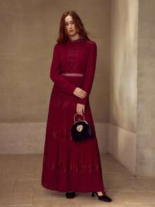 MOTF PREMIUM VESTIDO DE MUJER CON CINTURA CEÑIDA, ENCAJE PARCHE Y PLIEGUES EN FORMA DE A PARA OTOÑO/INVIERNO - Burdeos - Ver 5