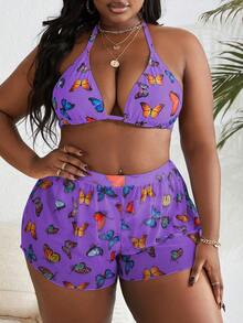 Slaydiva Bộ bikini hai dây họa tiết bướm gợi cảm cỡ lớn dành cho nữ đi biển mùa hè kèm áo choàng và quần short - Nhiều màu - Xem 3