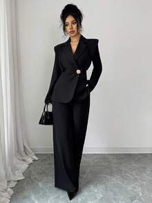 Rafferiza Women's Simple Commuter Elegant Notched Collar Single-Breasted Blazer And Pants Suit Set Women Suit Set Blazer Set Women Women Suits 2 Pieces Sets Woman Classy Pant Suit Set Plus - Black - View 7