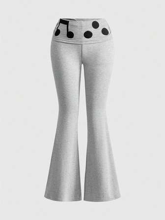 ROMWE Avant Pantalon évasé rétro pour femmes avec broderie et patchwork de notes de musique, coupe slim