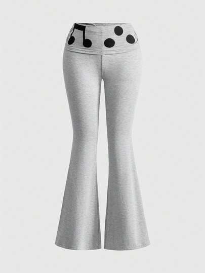 ROMWE Avant Retro Flare Leg Pants For Women With Embroidery & Music Note Patchwork, Slim Fit