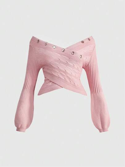 J-Fashion Suéter de punto texturizado con botones de ojal, lindo y sexy