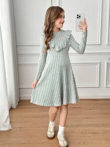 SHEIN Tween Girl Ribbed Stand Collar Ruffle Trim Fitted Knit Dress - Mint Green - View 3