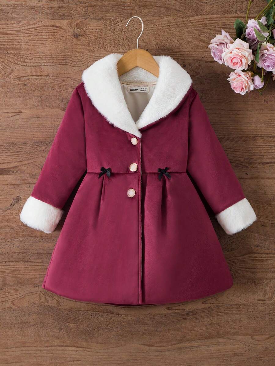 SHEIN Áo khoác dày dáng dài vừa phải, chất liệu vải nhung sang trọng thanh lịch dành cho bé gái + lớp lót lông cổ áo cỡ lớn, nút kim loại trang trí, nơ eo - Màu Đỏ Sâu - Xem 1