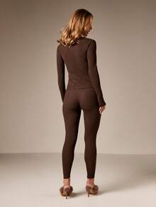 AiiRZ Ribbed Button Front Long Sleeve Top And Legging Pajama Lounge Set For Women Comfort Sleepwear - Coffee Brown - View 2