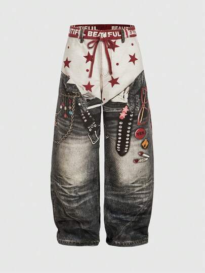 Street Life Jeans à ourlet incurvé avec patchwork imprimé 2 en 1 pour hommes