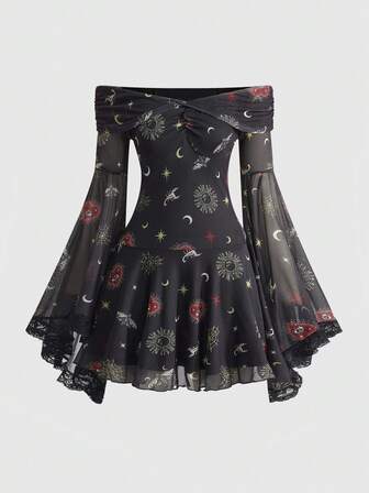 Hippie فستان شبكي للنساء بطبعات مميزة على الكتف مثل القلب الداكن، العقرب، النجم، الترتر، وشبكة العنكبوت بطراز قصري فخم