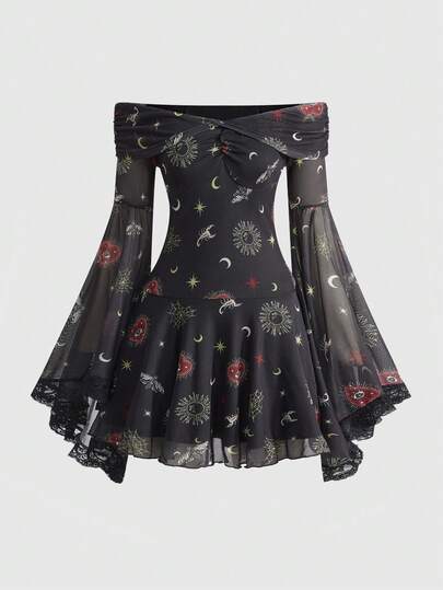 ROMWE Hippie Glamorous Palace-Style Dark Heart, Scorpion, Star, Sequin, Spider Web All-Over Print Off Shoulder Mesh Dress For Women