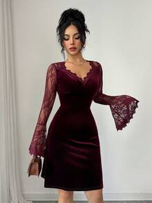 Modelyn Women's Autumn/Winter Lace Patchwork Velvet V-Neck Ruffle Sleeve Fitted Fashion Dress - Burgundy - View 8