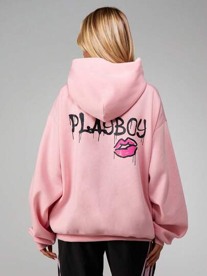 Missguided x Playboy Oversized Graphic Hoodie With Drawstring And Centre Pocket For Streetwear Casual Look
