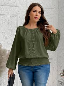 SHEIN LUNE 秋季女装连衣裙 女装 大码衬衫 秋季女装纹理条纹拼接蕾丝灯笼袖宽松派对曲线上衣 长袖衬衫 女式上衣 白色上衣 商务休闲女式工作衬衫 商务衬衫 - 軍綠色 - 查看 4