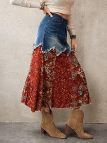 EMERY ROSE 女士碎花拼接毛边侧开衩休闲牛仔裙 - 藍色 - 查看 5