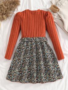 1pc Girls Crew Neck Long Sleeve Ribbed Knit Patchwork Floral Hem Dress, Sweet & Ladylike, Autumn Fall Winter - Brown - View 2