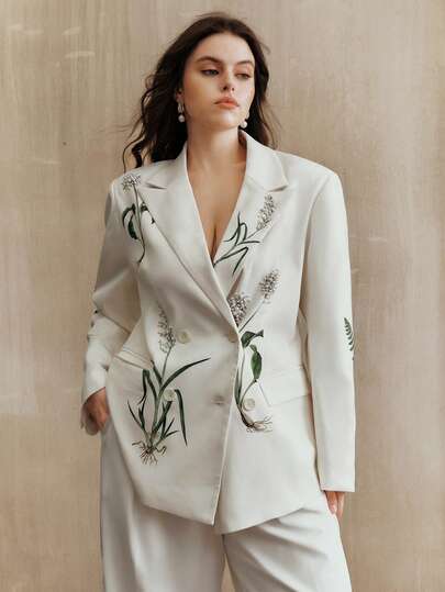 Anewsta Plus Size Women Floral Print Elegant Beaded Casual Blazer Jacket