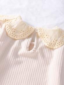 SHEIN Genkimix Kids Girls Apricot Ribbed Fabric Long Sleeve T-Shirt With Lace Trim Collar, Comfortable Casual Elegant Fashion, Suitable For Spring, Autumn, Winter - Apricot - View 3