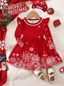SHEIN Happikins Christmas Snowflake Pattern Young Girl Casual Elegant Gorgeous Sweet Fashion Flutter Sleeve Long Sleeve Christmas Dress, Suitable For Autumn/Winter Daily Wear, Christmas Party, Photography, Home - Multicolor - View 2