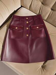 Franclia Petite Vintage Wine Red Metal Buckle High Waist Leather Skirt, Cargo Pocket Design A-Line Slimming Skirt
