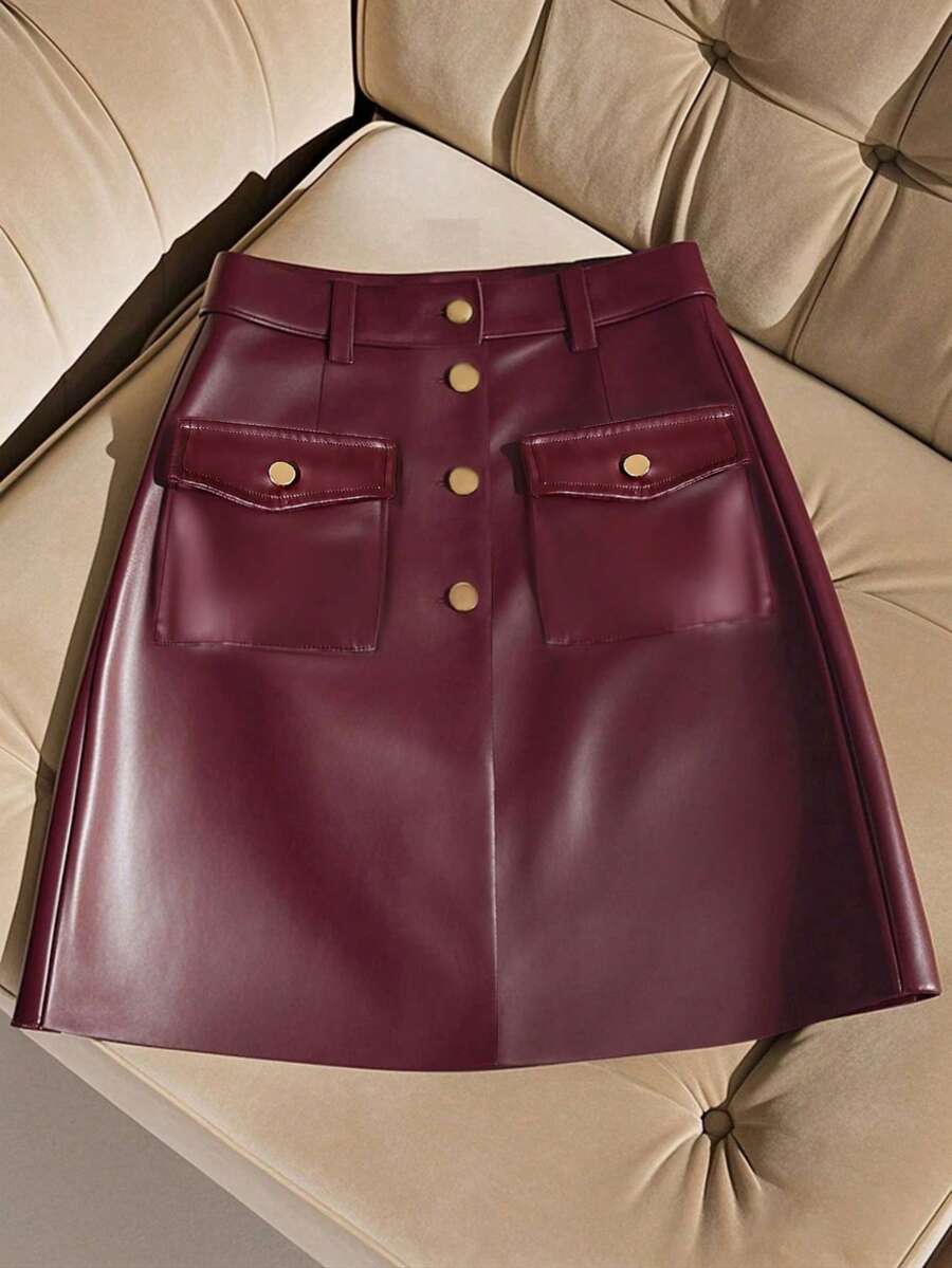 Franclia Petite Vintage Wine Red Metal Buckle High Waist Leather Skirt, Cargo Pocket Design A-Line Slimming Skirt