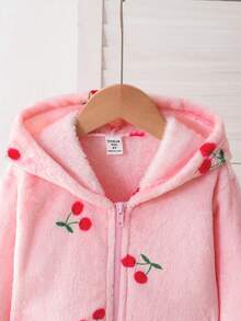 SHEIN Genkimix Kids Young Girl Autumn/Winter Cherry Plush Zip-Up Cardigan Jacket, Casual Minimalist Daily Cute - Pink - View 6