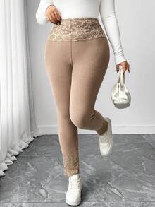 SHEIN Elenzya Damen Leggings in Große Größen, Lässig Sport Yoga Hose mit Spitzenbesatz an Taille und Saum, hohe Dehnbarkeit, geeignet für den täglichen Gebrauch - Braun - Übersicht 3