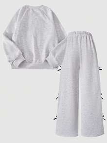 SHEIN Sparklyn 2pcs/Set Loose Casual Design Bowknot Rhinestone Embellished Long Sleeve Sweatshirt Paired With Matching Color Block Striped Butterfly Decor Sports Pants, Suitable For Daily Commute, Leisure, Vacation, Gathering With Friends, Street Photography, Spring/Autumn/Winter - Grey - View 2