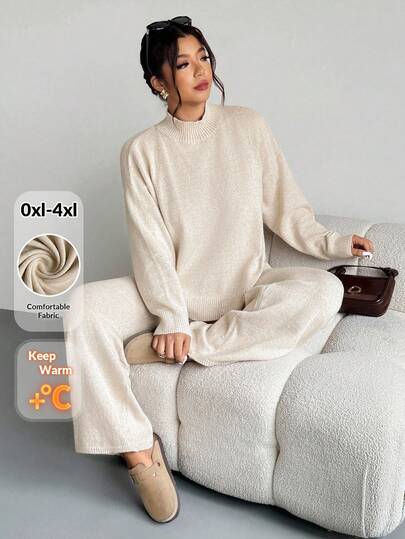 Firerie Conjunto de suéter y pantalones de talla grande para mujer, de unicolor y hombros caídos, para otoño/invierno