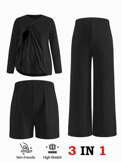 Modmama Maternity Solid Color Long Sleeve Top, Long Pants, And Shorts Nursing Set