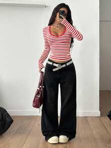 Coolane Camiseta de manga larga de punto con cuello en V a rayas grises y negras para uso diario y salidas, para mujer, para otoño y todo el año, estilo grunge