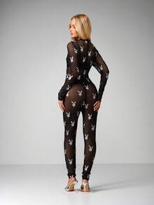 Missguided x Playboy 薄纱长袖连体裤，亮片兔子印花，适合派对和节日场合 - 黑色 - 查看 2