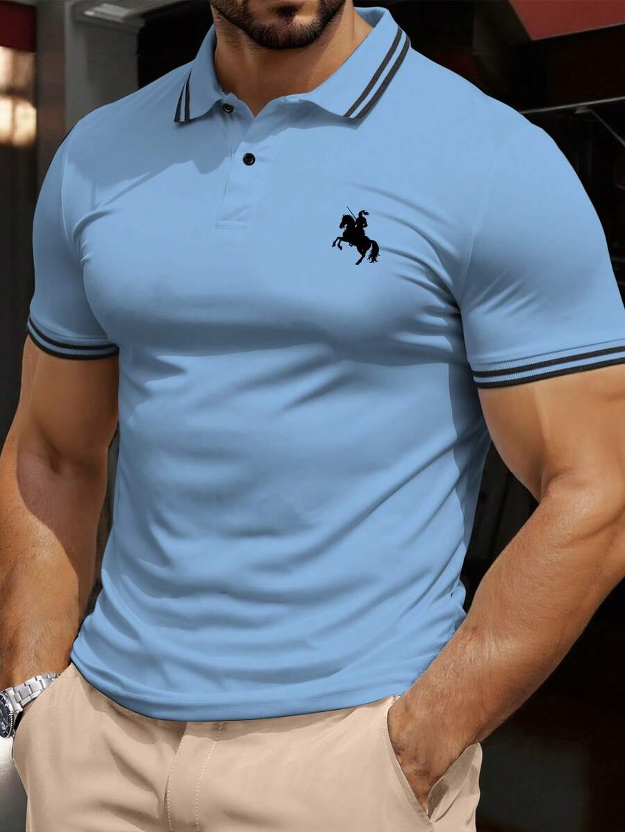 Herren Polo-Shirt mit Kontrast-Saum, Pferde-Muster vorne, Knopfleiste, kurzärmlig, Lässig, für Golf