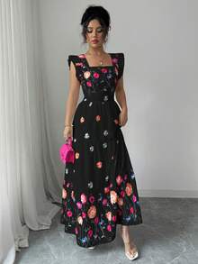 Elenzga 女士彩色印花收腰方领短袖休闲度假风连衣裙 - 黑色 - 查看 6