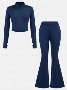 SHEIN NovaGlow Tween Girl Tween Girls' Casual Knit Solid Color Cardigan Jacket And Flared Pants Set