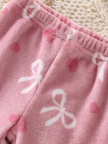 Genkimix Kids 2pcs Baby Girls' Casual Bow & Heart Print Fleece Long Sleeve Top And Pants Pajama Set, Pink Soft Baby Girl Pajamas Fall Winter - Dusty Pink - View 5