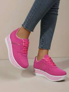 Zapatillas casuales para mujer, plataforma cómoda, punta redonda, cordones clásicos, estilo minimalista, uso diario, zapatos de moda - Rosa - Ver 2