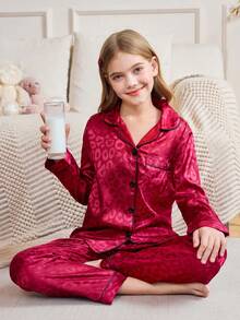 SHEIN 少女仿丝豹纹提花酒红色长袖睡衣套装 - 酒紅色 - 查看 1