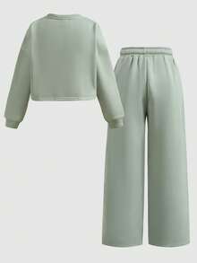 SHEIN Tween Girls' Letter Graphic Drop Shoulder Pullover Sweatshirt Set - Mint Green - View 4