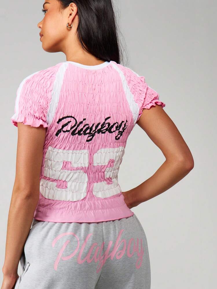 Missguided x Playboy Gerafftes grafisches T-Shirt mit Schriftprint, gerüschtes Kurzarm Crop Top, Sommer Lässig Festival Kleidung