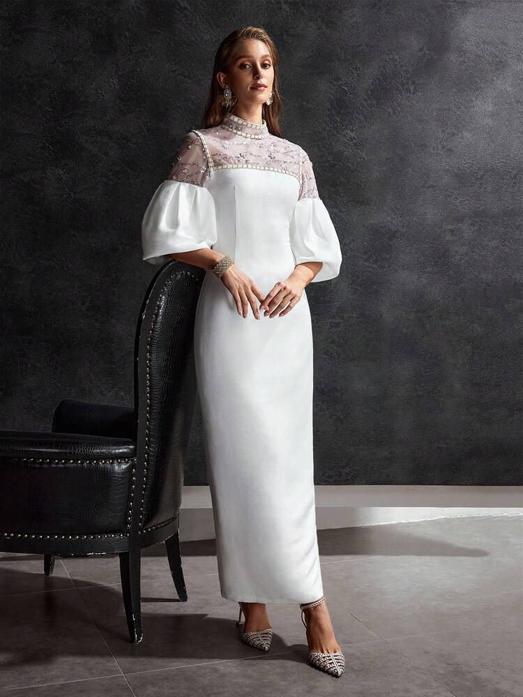 MOTF Soiréza WOMEN'S ELEGANT LONG DRESS WITH BEADED EMBROIDERY, PUFF SLEEVES AND SOLID COLOR FABRIC