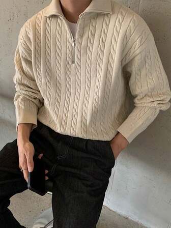 Manfinity Mode Men's Solid Color Front Half Zip Plain Long Sleeve Casual Pullover Sweater, For Friends, Fall/Winter