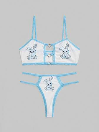 Kawaii Cute Rabbit Heart Decor Contrast Trim Lingerie Set