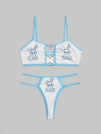 Kawaii Cute Rabbit Heart Decor Contrast Trim Lingerie Set