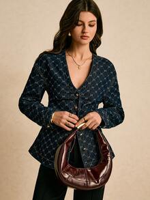 Poéselle 女士时尚纽扣印花牛仔衬衫 - 深色水洗藍 - 查看 5