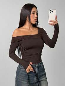 SHEIN PETITE Women's Casual Versatile White Solid Asymmetric Neck Ruched Long Sleeve Bodysuit - Brown - View 5