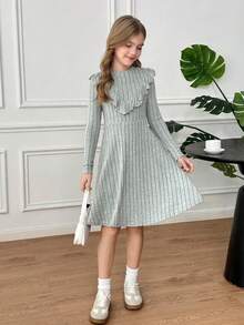 SHEIN Tween Girl Ribbed Stand Collar Ruffle Trim Fitted Knit Dress - Mint Green - View 5