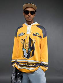 Transformers X SHEIN Lässiger Herren-Kapuzenpullover mit kontrastfarbenem Roboterprint und Schnürung, Herbst - Gelb - Übersicht 5