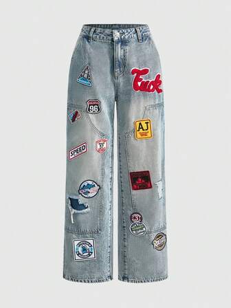 ROMWE Avant Pantalones anchos de pierna ancha con cordón en la cintura, estilo callejero retro Y2K con logotipo bordado