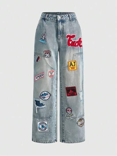 ROMWE Avant Pantaloni larghi con vita con coulisse, stile streetwear retrò Y2K, con logo ricamato
