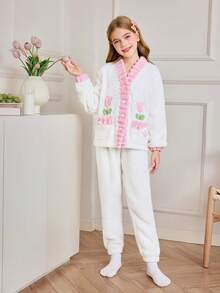 SHEIN Autumn/Winter Cozy Pocket Bow Tulip Embroidery Contrast Trim Girls Pajama Set - Beige - View 3